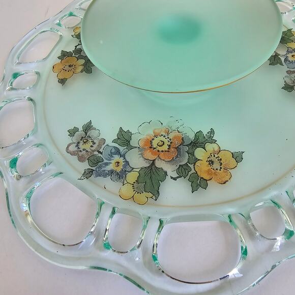 Lancaster Glass Footed Plate Green Satin Glass Open Lace Reverse Painted Floral - Picture 4 of 12